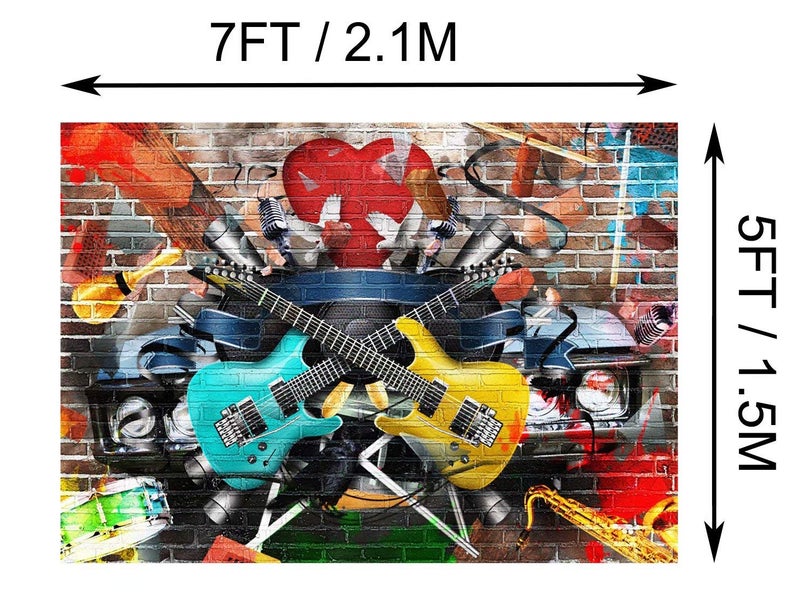 BELECO 7x5ft Fabric Rock and Roll Guitar Backdrop Graffiti Brick Wall Musical Phtography Backdrop for Party Decoration 80s 90s Birthday Banner Disco Concert Photoshoot Photo Background Props - Image 5